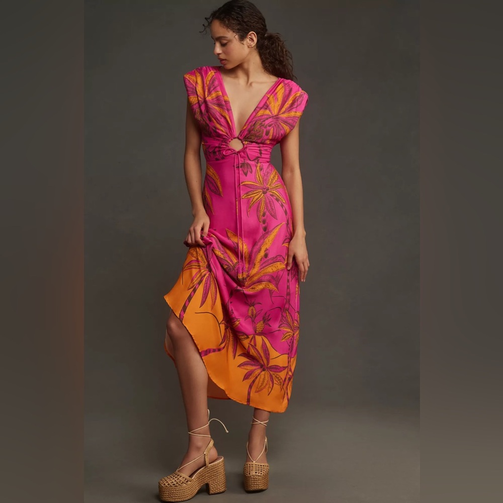 FARM Rio Pink & Orange Asymmetrical Tropical Midi Dress